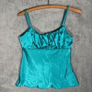 IZ Byer California VTG Teal Satin Babydoll Camisole Top Braided Strap Y2K Fits S